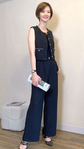 Black tweed cropped vest with rhinestone buttons