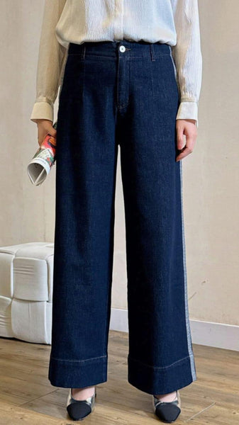 Blue denim wide leg jeans with side panel