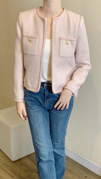 Pink blazer with gold buttons