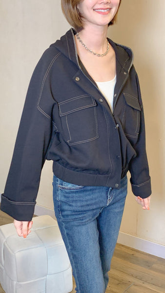 Versatile black front pockets cotton hooded jacket