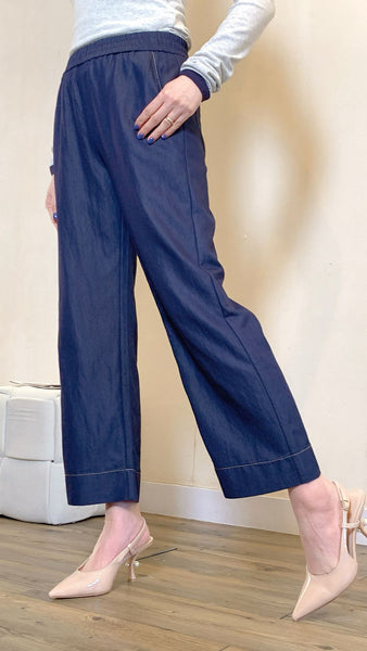 Blue elastic waist leisure ankle pants