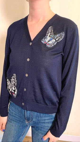 3d embodied butterflies on black cardigan