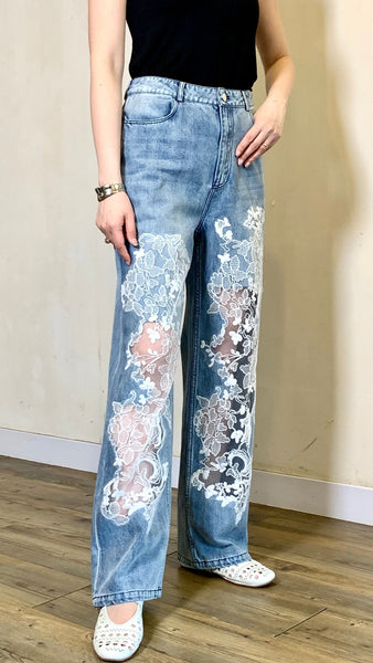 3d white lace on blue wide leg jeans