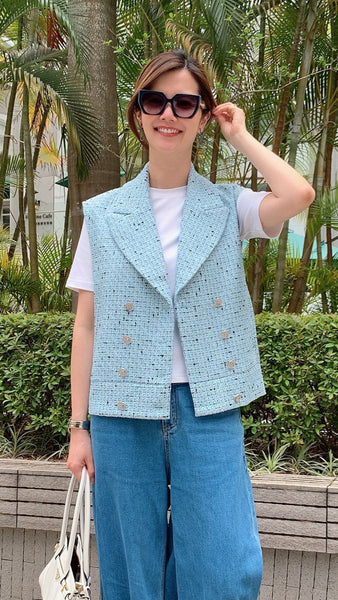 Baby blue mid length tweed vest