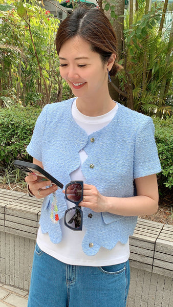 Baby blue cropped tweed jacket with scallop trimming