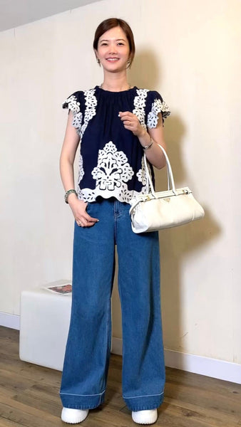 Navy x white embroidered blouse