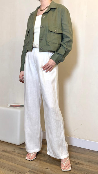 Trending army green linen cropped jacket