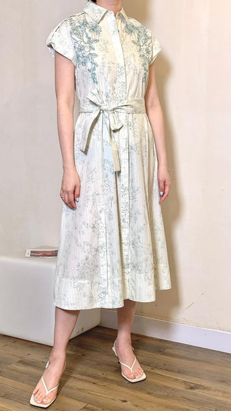 Green floral embroidered on light green front slit maxi dress