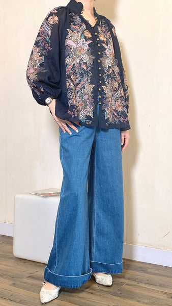 Mixed floral print navy blouse with matte gold buttons