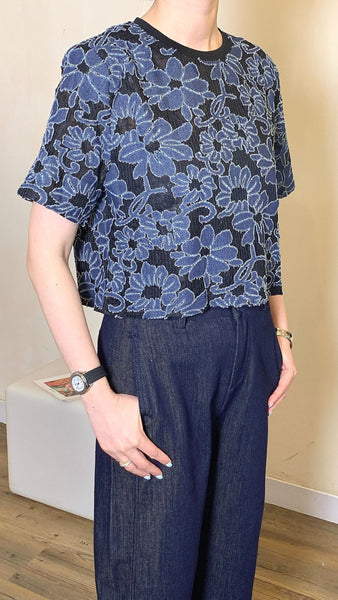Denim floral x black cropped top