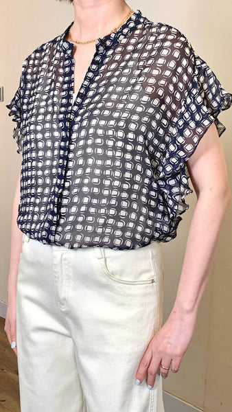 Navy x white polyester ruffled top