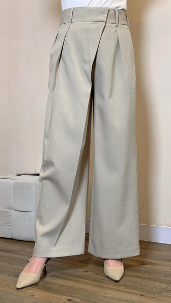 Greyish irregular cinched waist blazer and straight leg work pants