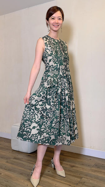 Forest green floral print rhinestone on waist maxi dress