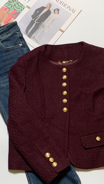 Burgundy tweed blazer with gold buttons
