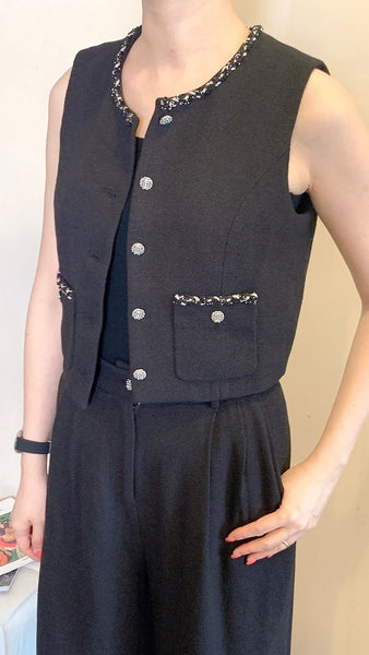Black tweed cropped vest with rhinestone buttons