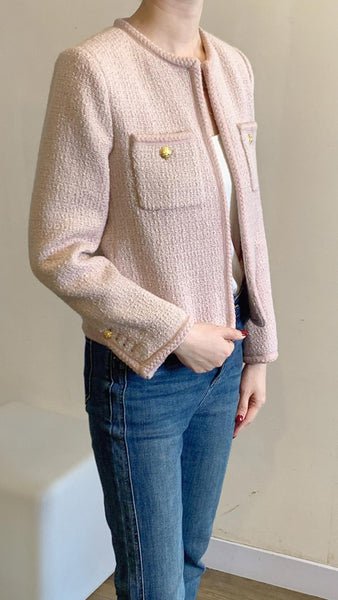 Pink blazer with gold buttons