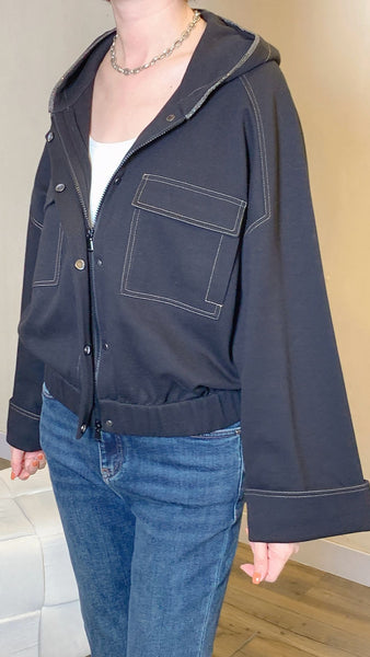 Versatile black front pockets cotton hooded jacket