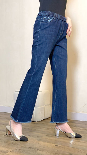 Denim blue elastic waist mini flare jeans