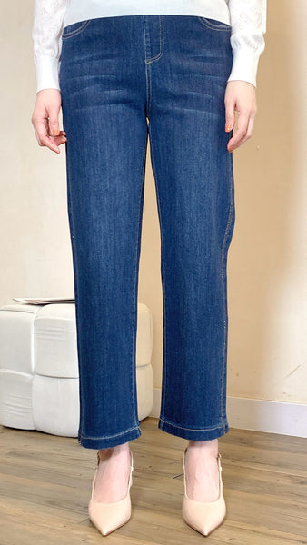 Denim blue lightweight elastic waist straight leg jeans with beaded trimming