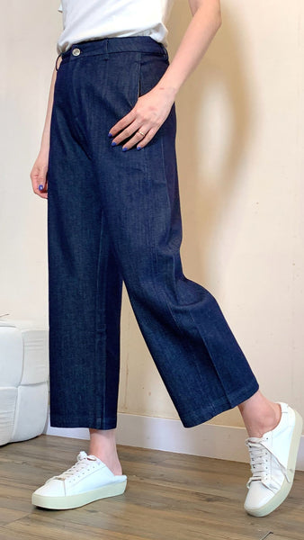 Cotton x polyester straight leg ankle pants (in denim blue and linen color)