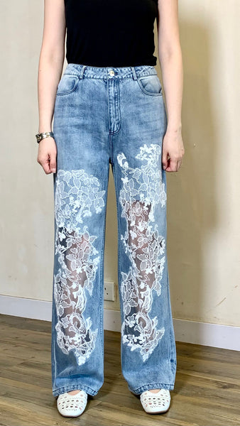 3d white lace on blue wide leg jeans