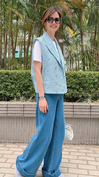 Baby blue mid length tweed vest