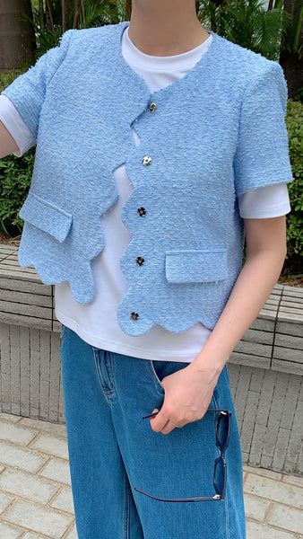 Baby blue cropped tweed jacket with scallop trimming