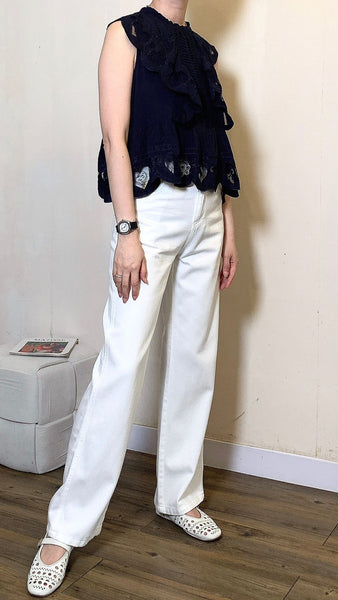 Laser cut navy cute silk blouse