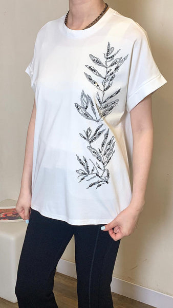 Silver leaf on ultra soft cotton white mid length tee
