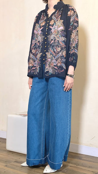 Mixed floral print navy blouse with matte gold buttons