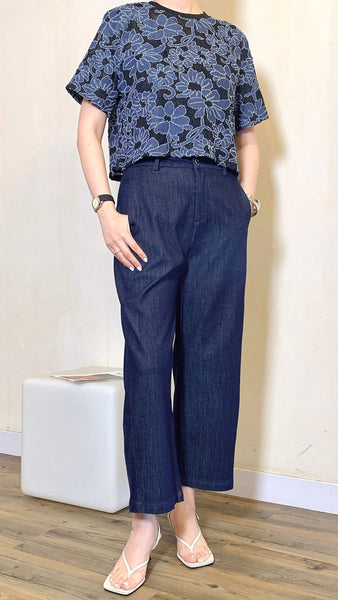 Denim floral x black cropped top