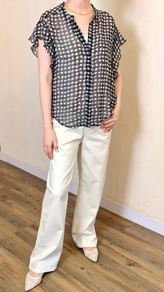 Navy x white polyester ruffled top