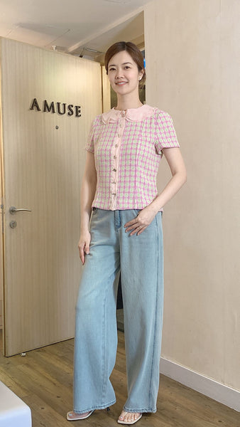 Pink x green chiffon collar tweed jacket