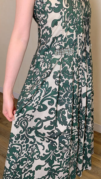 Forest green floral print rhinestone on waist maxi dress