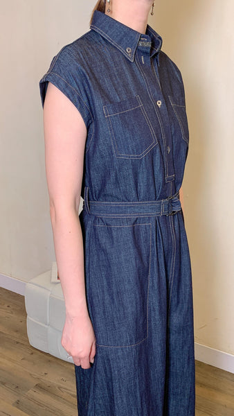 Denim blue cotton belted maxi dress