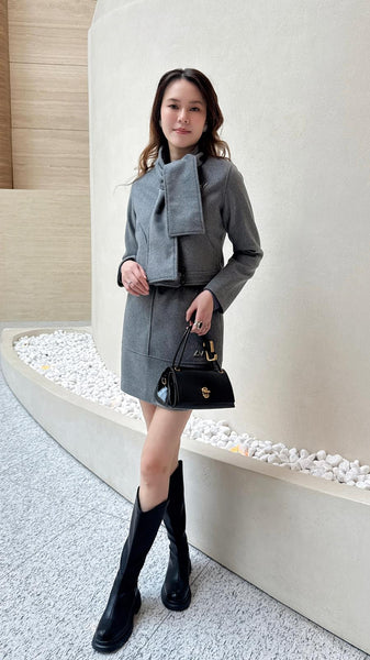 Grey wool cropped jacket with detachable scarf