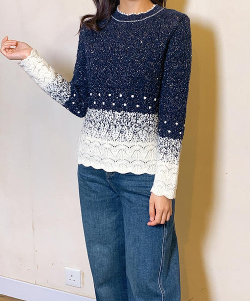 Festive blue x white shimmering scallop neckline top