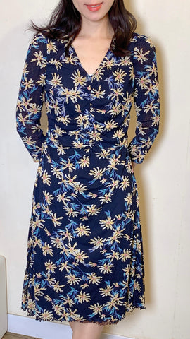 Navy x yellow floral statement mesh midi dress