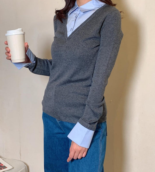 2 in 1 shirt collar x wool top