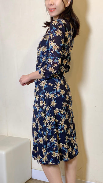 Navy x yellow floral statement mesh midi dress