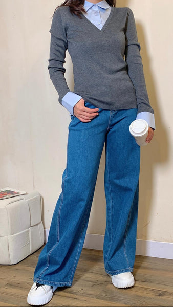 2 in 1 shirt collar x wool top