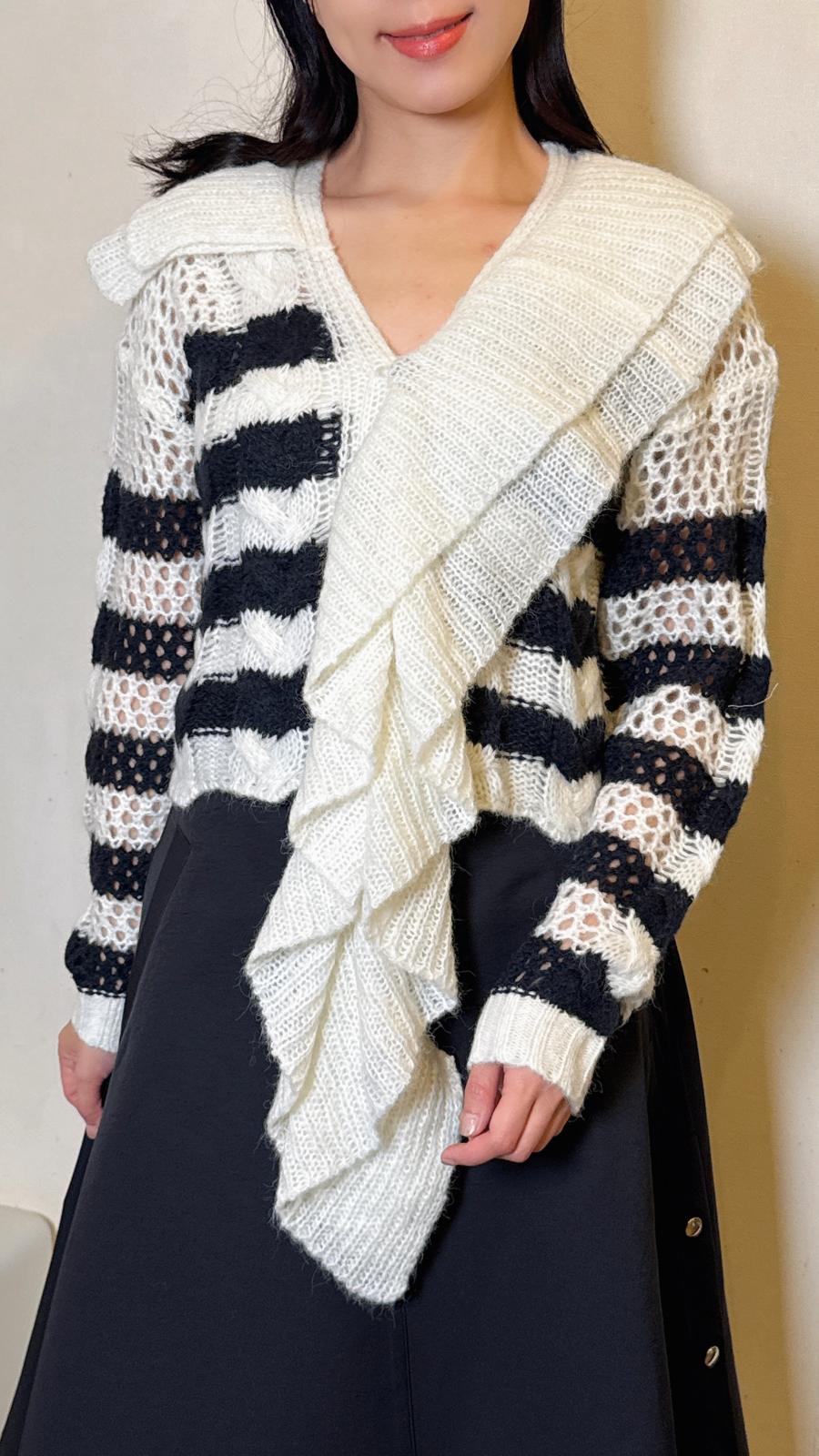 Black and white mohair cardigan with ruffles