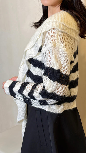 Black and white mohair cardigan with ruffles