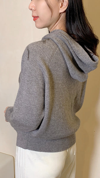Cashmere wool grey hooded cardigan with shimmering floral motif