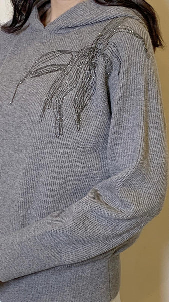 Cashmere wool grey hooded cardigan with shimmering floral motif