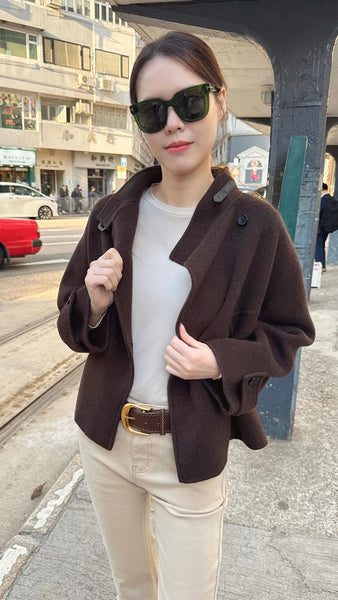 Chocolate brown stand collar jacket with leather buckle