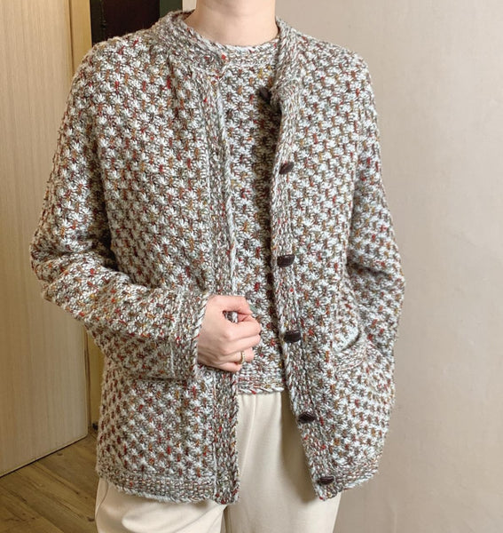 Festive orange red mid collar knitted cashmere blend cardigan