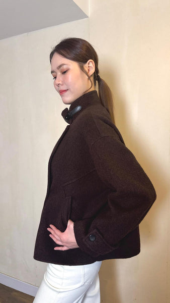 Chocolate brown stand collar jacket with leather buckle