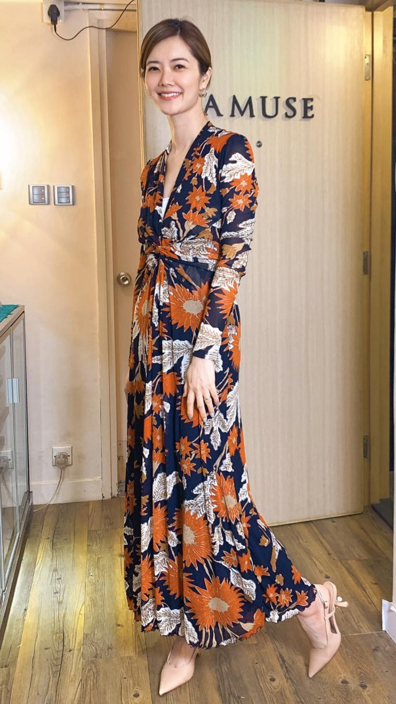Stunning orange red floral maxi dress with front slit