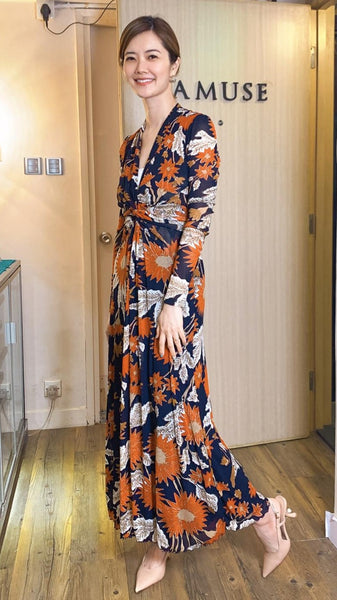Stunning orange red floral maxi dress with front slit